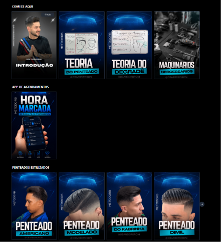 Módulos de introdução, teoria, maquinários, agendamentos e penteados estilizados